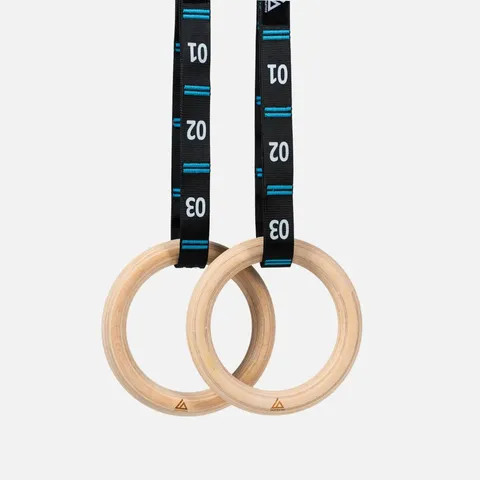 Anneaux Caliathletics en bois avec sangles noires et bleues