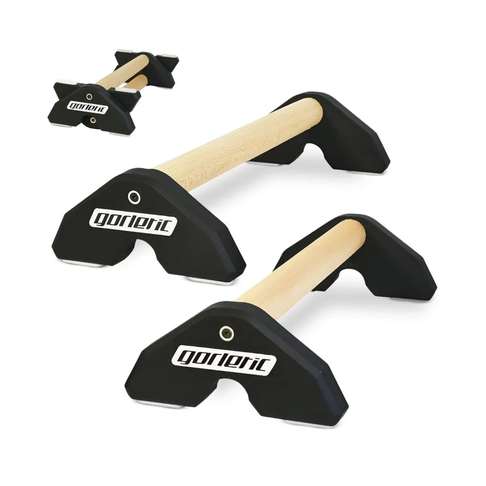 Gorletic LowFit Pro parallettes - three sizes, black polymer ends with beech wood grip